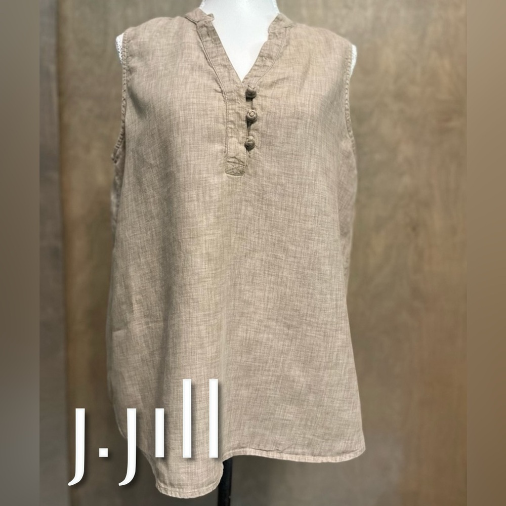 J. Jill Linen Natural Tan Sleeveless V neck Top with Button Detail LP